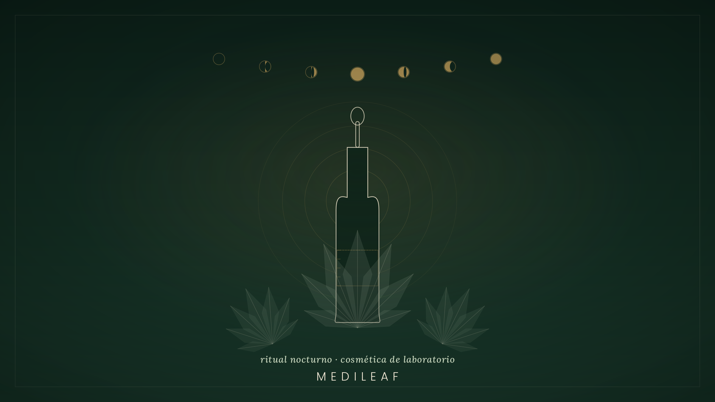 Ritual nocturno de CBD tópico: ilustración de laboratorio MediLeaf con botella cuentagotas, fases lunares y hoja de cáñamo